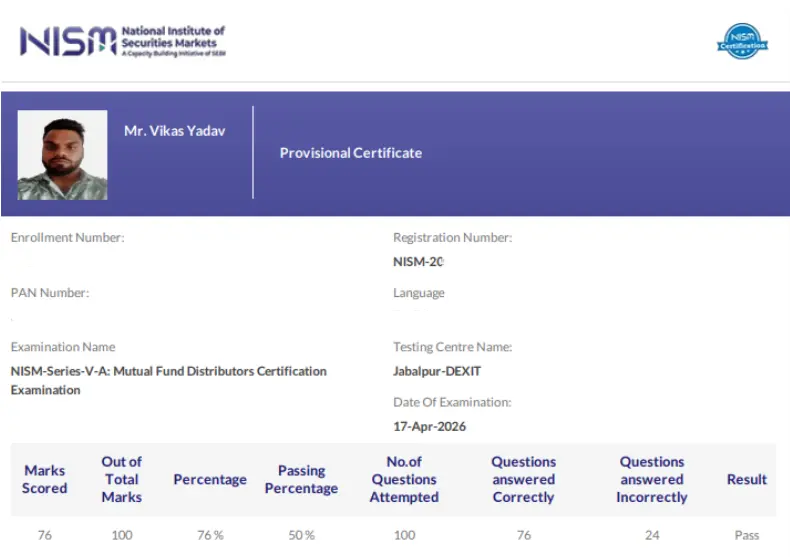 Vikas Yadav NISM Exams Testimonial